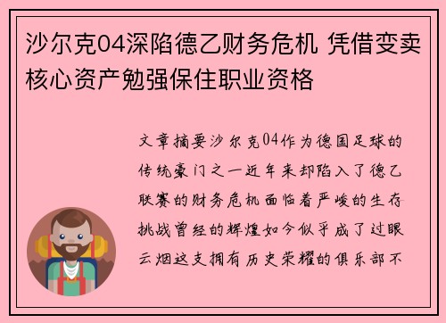 沙尔克04深陷德乙财务危机 凭借变卖核心资产勉强保住职业资格 沙尔克04深陷德乙财务危机 凭借变卖核心资产勉强保住职业资格